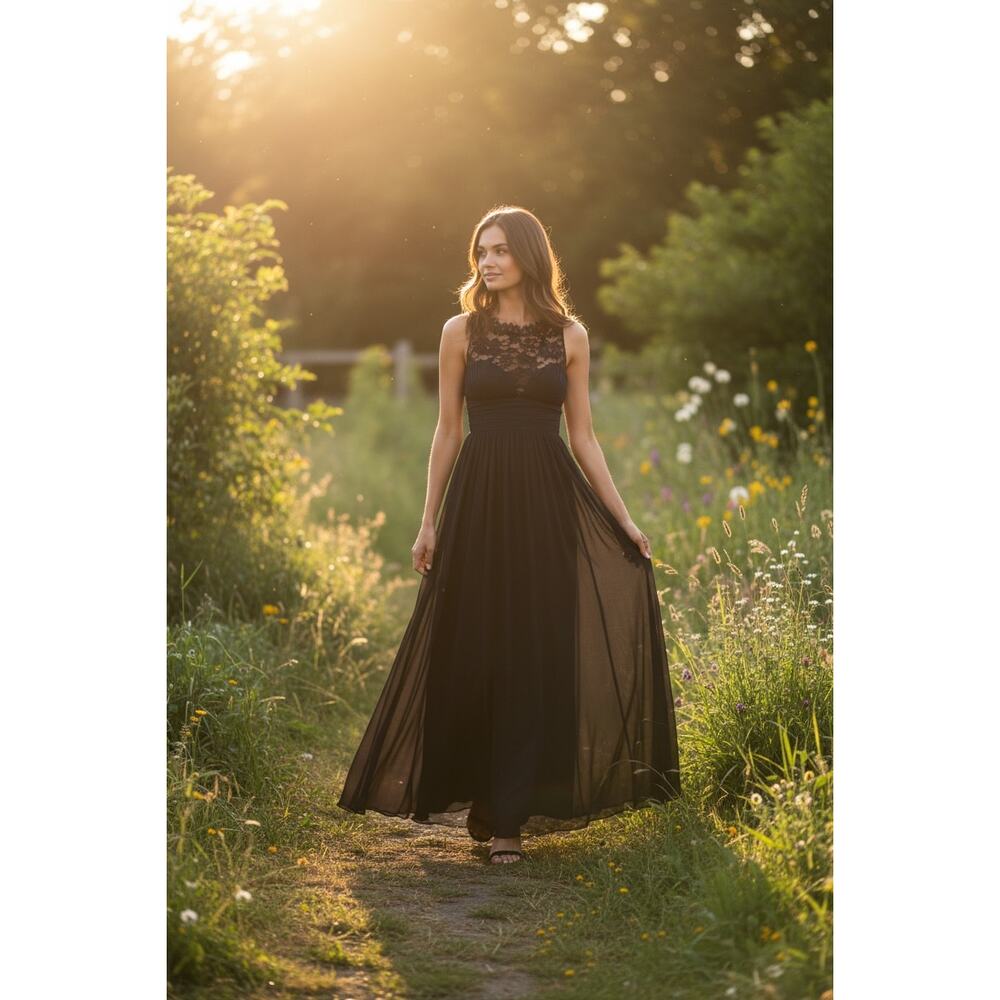 Aidan Mattox Beaded Lace Silk Chiffon Gown Black 12